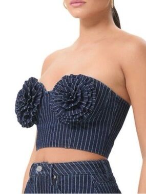 AFRM Navy Pinstripe Strapless Corset Crop Top with Rosette Cups